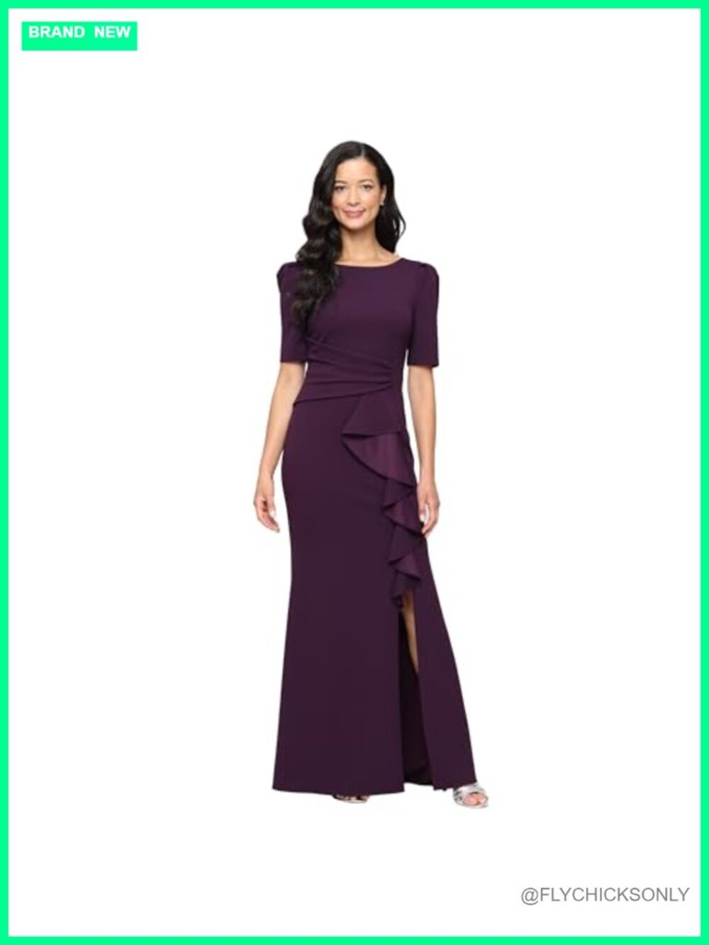 Stretch Crepe Dress Puff Elbow Sleeves Tucked Waist Cascade Ruffle